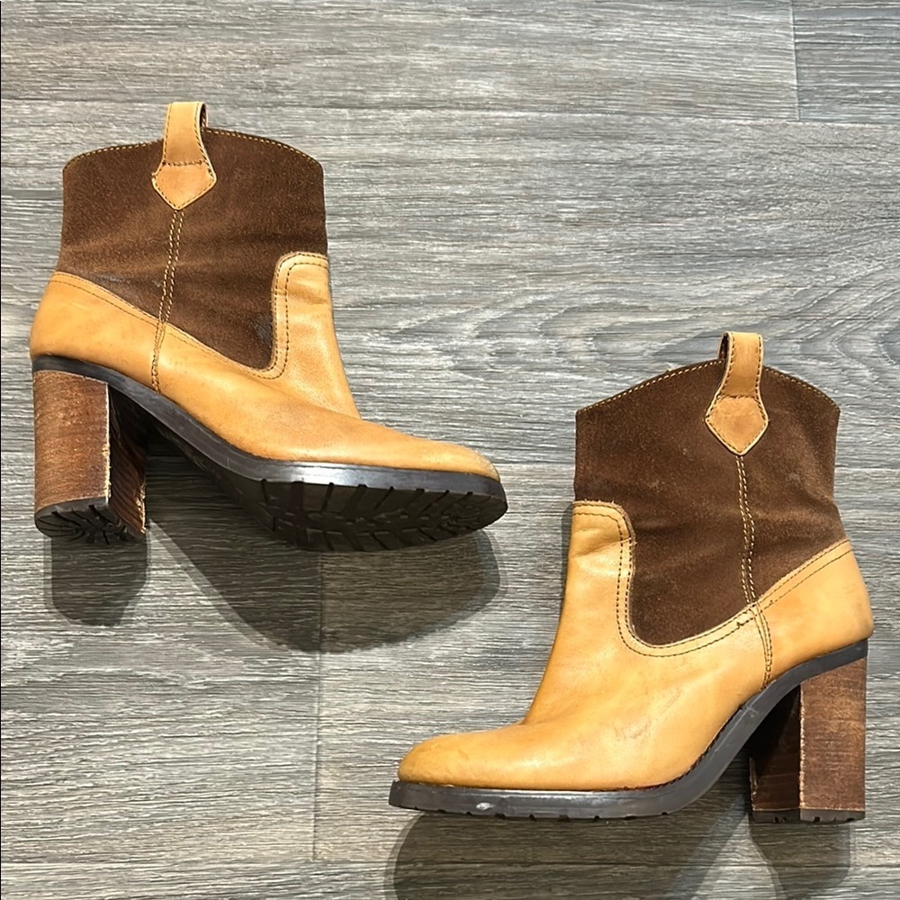 Lauren Ralph Lauren Devyn Leather Suede Heeled Ankle Boots Western Tan Brown 6